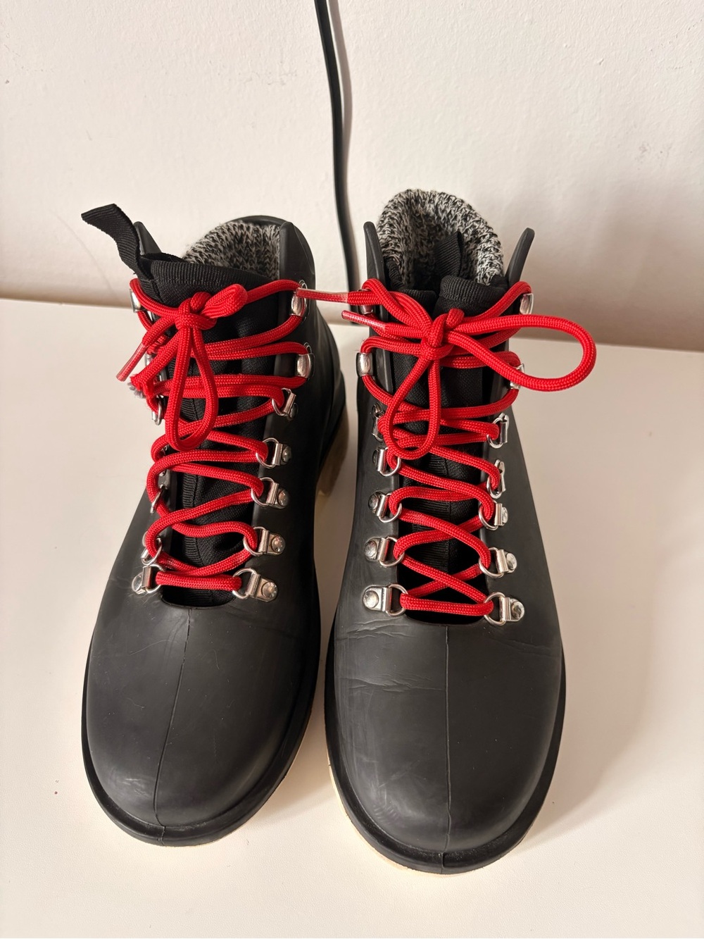 Barney’s New York Black Neoprene Rain Lace-Up Boots w/removable kit liners.
